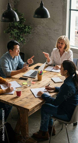Photo of Business Meeting with Diverse People Around Wooden Table Sharing Ideas