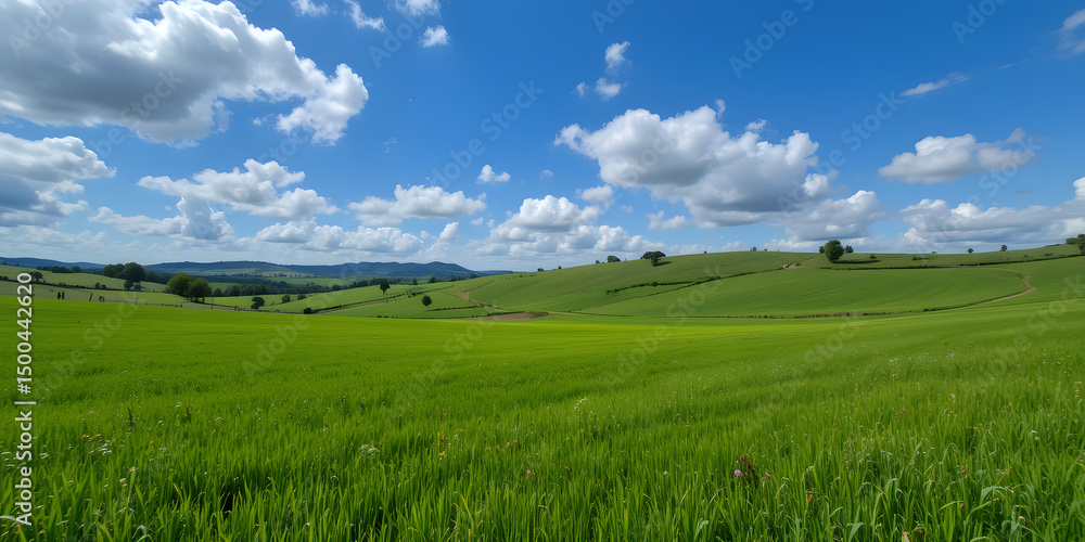 Obraz premium Countryside landscape with blue sky and green fields