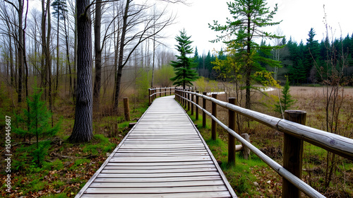 A wooden walking path Bor na Czerwonem nature reserve in Nowy Targ in Poland