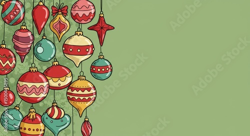 Festive Christmas Ornament Border Illustration In Green Background