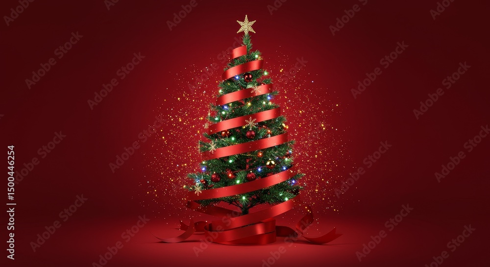 Fototapeta premium Festive Christmas Tree Decorated With Red Ribbon and Golden Sparkles Photo