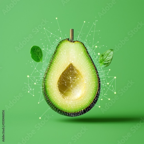 Intricate Avocado Design with Digital Elements and Green Background