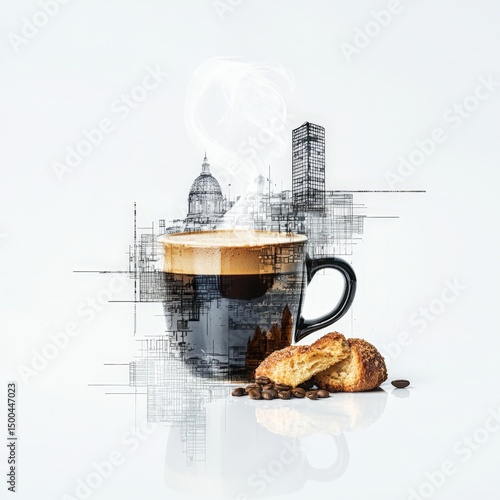 Artisan Coffee Cup with Swirling Steam and Baked Treats