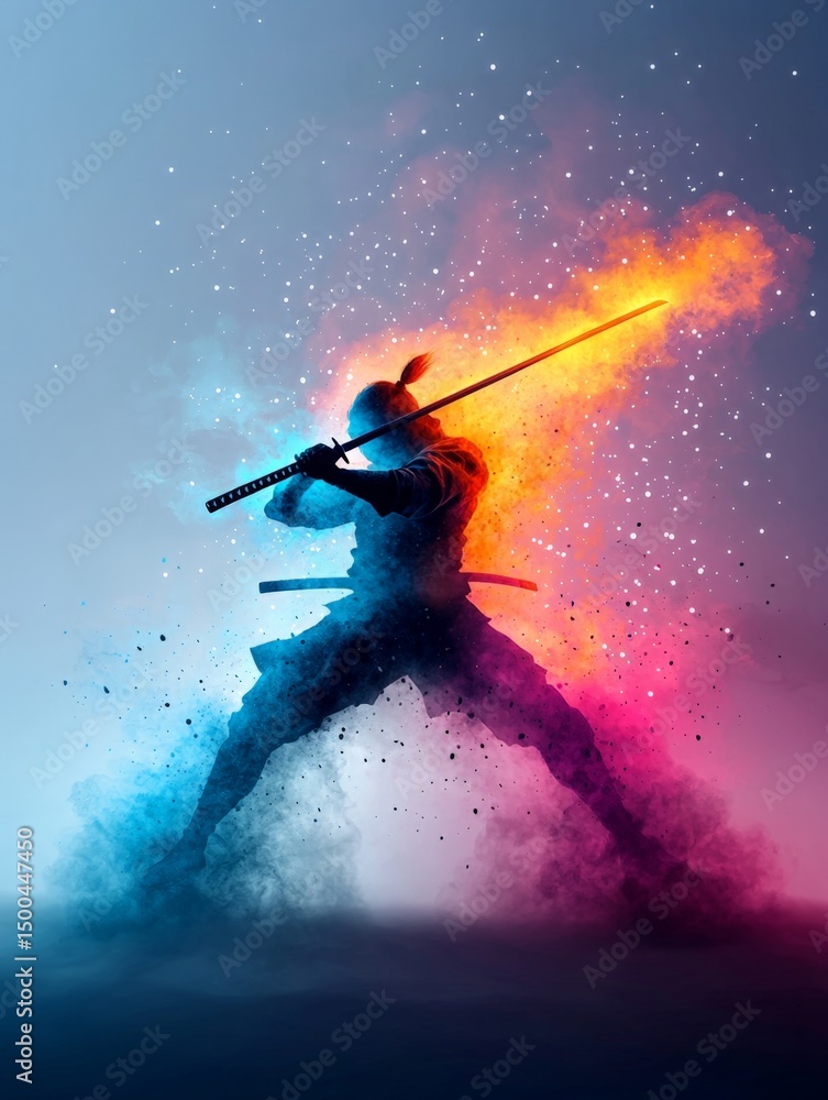 Obraz premium Astral Mage Samurai Conjuring Energy in Swirling Colors of Light
