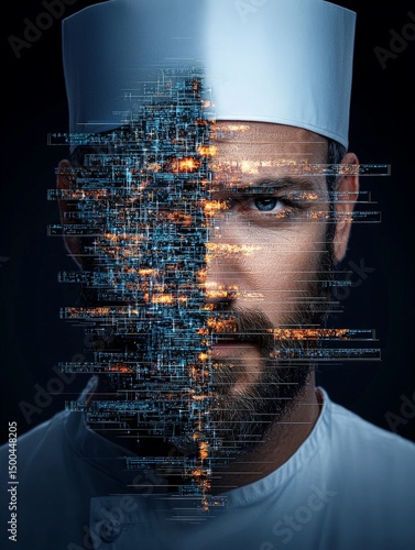 Chef in High-Tech Kitchen Using Virtual Reality for Culinary Innovation