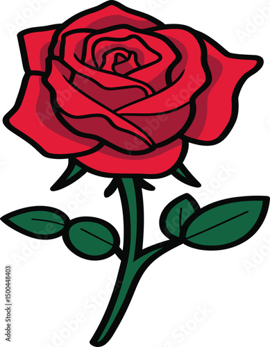 Elegant and vibrant red rose flower vector illustration with detailed petals and green leaves. Ideal for romantic designs, wedding invitations, floral prints, tattoo designs, Valentine's Day themes, a