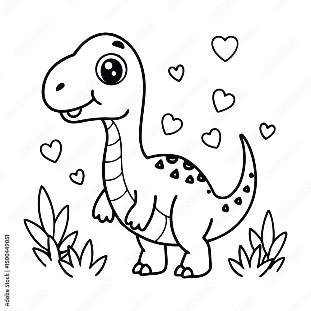 Fototapeta premium Cute dinosaur coloring page with hearts