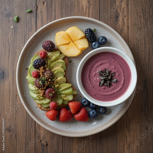 Healthy Vegan Breakfast Flat Lay with Avocado Toast and Berries