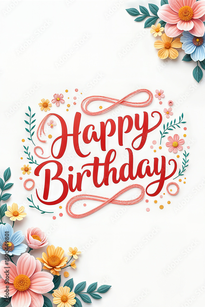 Naklejka premium A festive birthday image with pink and yellow flowers framing a Happy Birthday message.