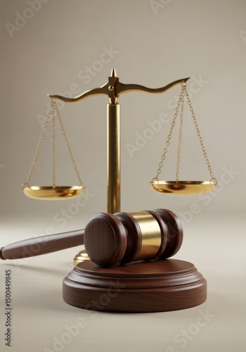 Photo Of Golden Justice Scale And Wooden Gavel On Beige Background