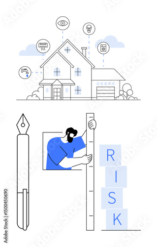 House with security icons, risk assessment visuals, measuring scale, pen, and blue-themed figure. Ideal for home safety, insurance, risk management, metrics data analysis planning simple landing