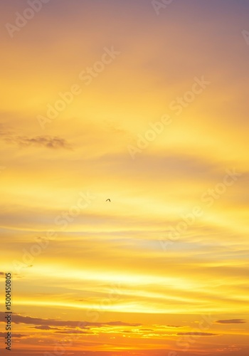 Photo of Golden Sunset Sky with Dramatic Clouds in Orange and Yellow Hues