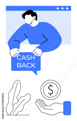 Man holding cashback sign, coin in hand, decorative leaf element ideal for finance, rewards, savings, e-commerce, payment, offers, promotions simple landing page