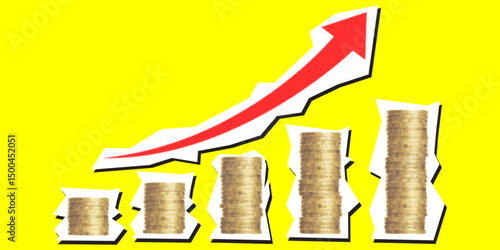 Increase money dotted collage element pointilize coin stack and up arrow in paper torn vector financial growth, profit boost, and rising income, business success, economy rise, and money illustration