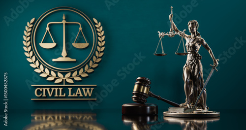 Civil Law: Themis and judge's gavel in the background of a golden icon with scales and text
