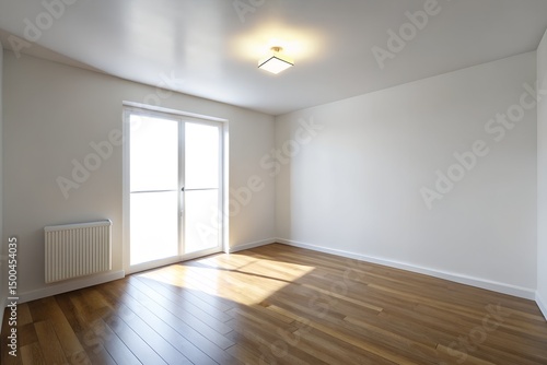 Wallpaper Mural Empty modern room with sunlight streaming through large window onto hardwood floors in bright minimalist interior design scene Torontodigital.ca