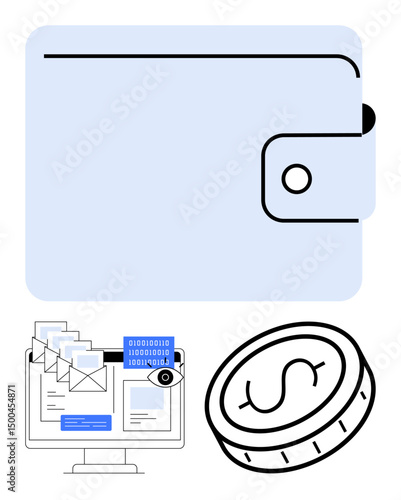 Digital wallet, encrypted data on a computer screen, and virtual currency coin. Ideal for finance, technology, security, cryptocurrency, online transactions, digital wallets simple landing page