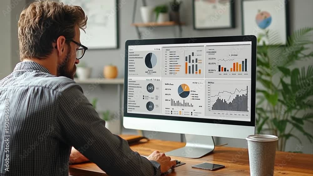 A focused professional analyzes complex business data charts and graphs on his modern desktop computer screen