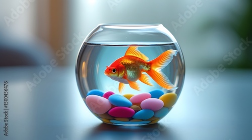 Wallpaper Mural Goldfish swimming inside clear glass bowl with colorful decorative stones, bright aquatic pet concept showcasing vibrant underwater life, home aquarium design and ornamental detail Torontodigital.ca