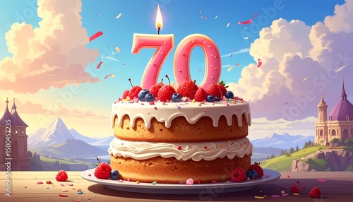 70 years. Birthday Anniversary Sweet Cake. An anniversary greeting card or banner