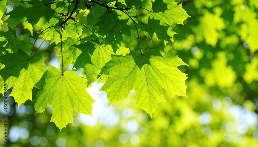 Obraz premium Green Maple Leaves Sunlight Spring.