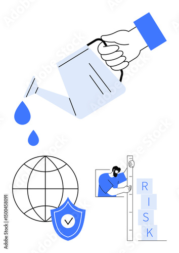 Watering can symbolizing growth, globe with shield for security, person assessing measurement, blocks labeled RISK . Ideal for finance, safety, growth, monitoring, analytics strategy simple
