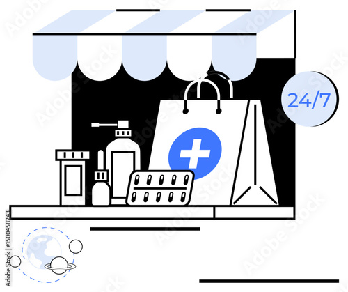 Medical products, including pills, bottles, and sanitizer, displayed under an awning with a 247 sign. Ideal for health, e-commerce, drug delivery, telemedicine convenience accessibility simple