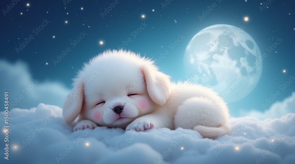 Cute Fluffy Puppy Sleeping Peacefully on Dreamy Clouds Under Full Moon Cute Fluffy Puppy Sleeping Peacefully on Dreamy Clouds Under Full Moon