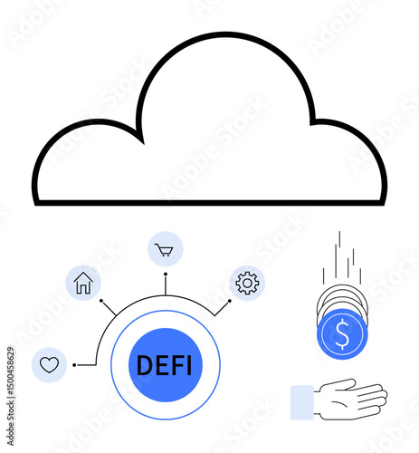 Cloud silhouette, DEFI hub connecting icons for home, shopping, settings, heart, digital hand-catching coins. Ideal for blockchain, fintech, networking cloud computing finance investment simple