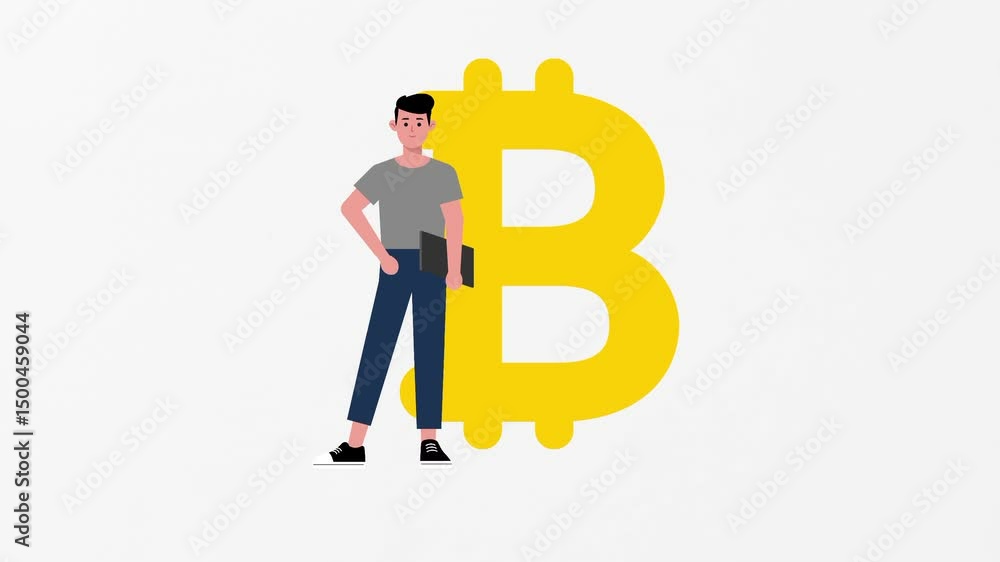 Animated young male standing holding laptop in front of golden bitcoin crypto, cryptocurrency money icon, symbol. Success illustration concept, vector animation, motion graphic video. Isolated white Animated young male standing holding laptop in front of golden bitcoin crypto, cryptocurrency money icon, symbol. Success illustration concept, vector animation, motion graphic video. Isolated white