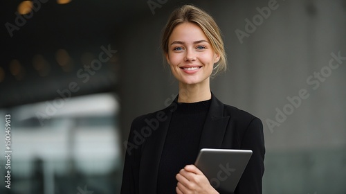 Confident CEO Smiling Woman in Formal Dress Holding Tablet