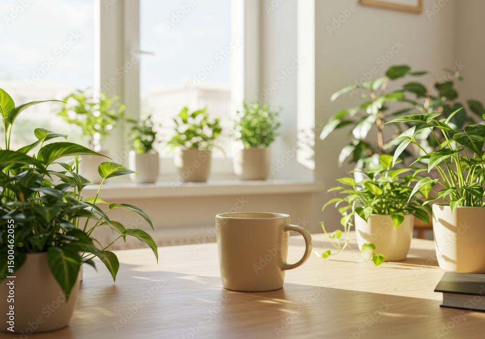 Photo Of Plants In White Pots Near A Window With A Coffee Cup On Wood Table Photo Of Plants In White Pots Near A Window With A Coffee Cup On Wood Table
