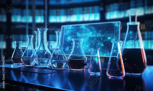 Vetreria da laboratorio e schermo digitale con dati biomedici