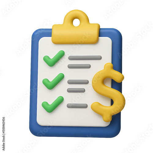 3D rendering of a blue clipboard with checklist and dollar sign, concept for financial planning and accounting