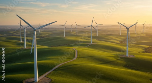 Photo of Wind Turbines on Green Hills Generating Clean Power at Sunset
