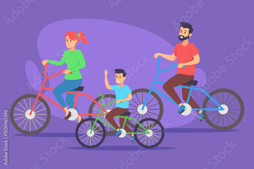 Family riding bicycles happily against vibrant purple background. Son waving cheerfully