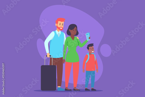 Family standing together, ready for trip. Father holding suitcase, mother checking her mobile device, and their son looking excited. People set against colorful background