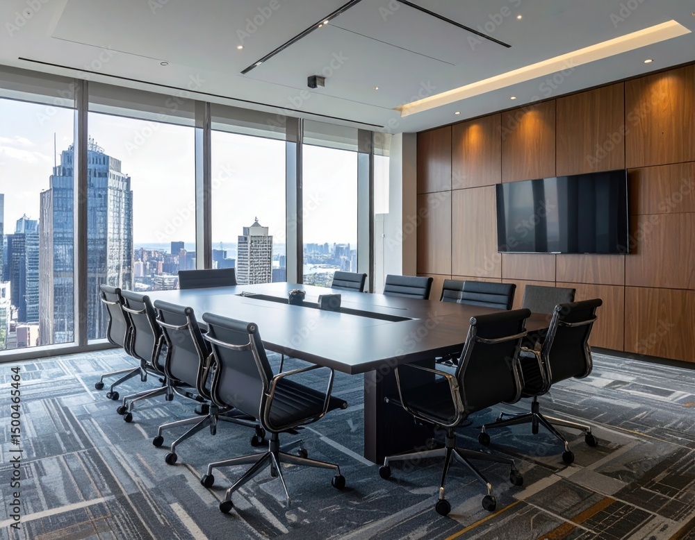 Fototapeta premium Modern boardroom interior with expansive city view offering collaborative space