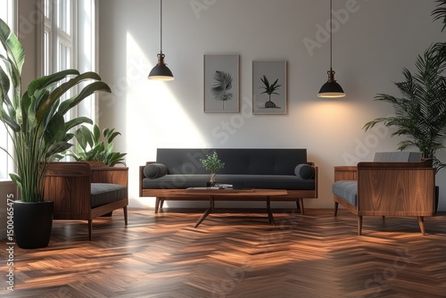 Modern, sunlit living room with dark wood furniture