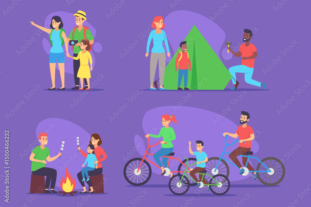 Fototapeta premium Vibrant collection illustrating families engaging in various outdoor activities. People exploring, camp, bike, and enjoying campfire. Joy of spending time in nature together concept