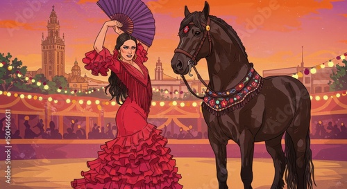Pixelated Flamenco Dancer and Horse Performing at a Spanish Festival