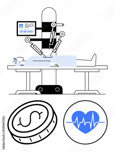 Robotic surgical system operates on a patient with digital medical data screen, coin representing cost, and heart monitoring symbol. Ideal for innovation, healthcare, automation, medical, technology