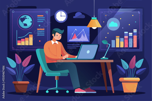Business person interacting with a futuristic digital marketing interface, showcasing online advertising analytics, data charts, email marketing, and campaign performance metrics on a virtual screen. 