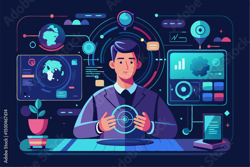 Business person interacting with a futuristic digital marketing interface, showcasing online advertising analytics, data charts, email marketing, and campaign performance metrics on a virtual screen. 