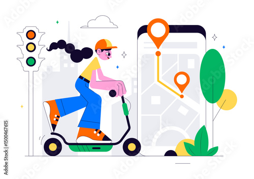 Electric Scooter Rental Service Vector Illustration featuring Transportation You Can Rent for a Quick and Eco Friendly Ride in a Flat Style Background