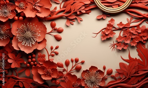 Cornice floreale rossa in cartapesta, sfondo neutro