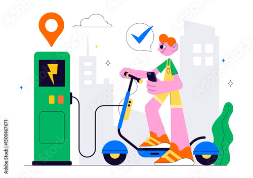 Electric Scooter Rental Service Vector Illustration featuring Transportation You Can Rent for a Quick and Eco Friendly Ride in a Flat Style Background
