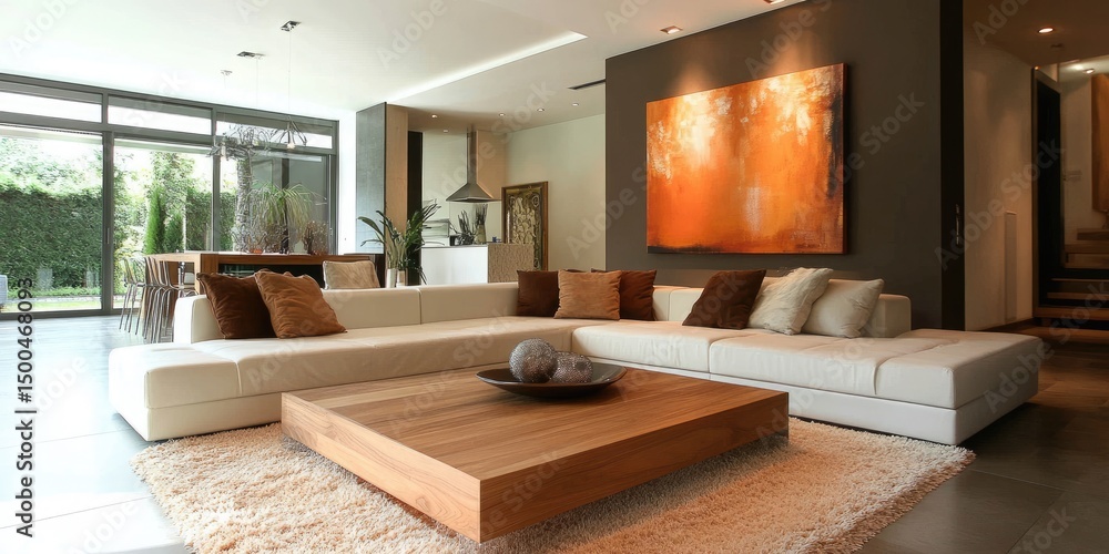 Fototapeta premium Modern living room with a large sectional sofa, a statement piece art, and a wooden coffee table