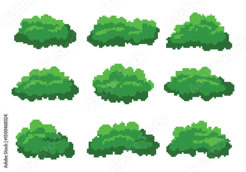 Set illustration of bush or grass retro pixel art icon on white background