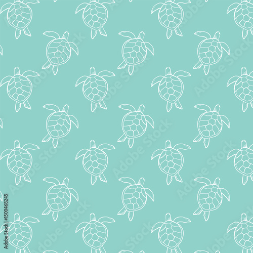 Sea Turtles Line Art Seamless Pattern. Minimalist Marine Outline, Ocean Background